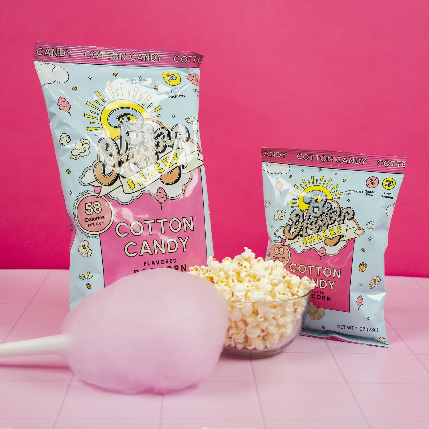 Be Happy Snacks Cotton Candy popcorn styled for a campaign shoot